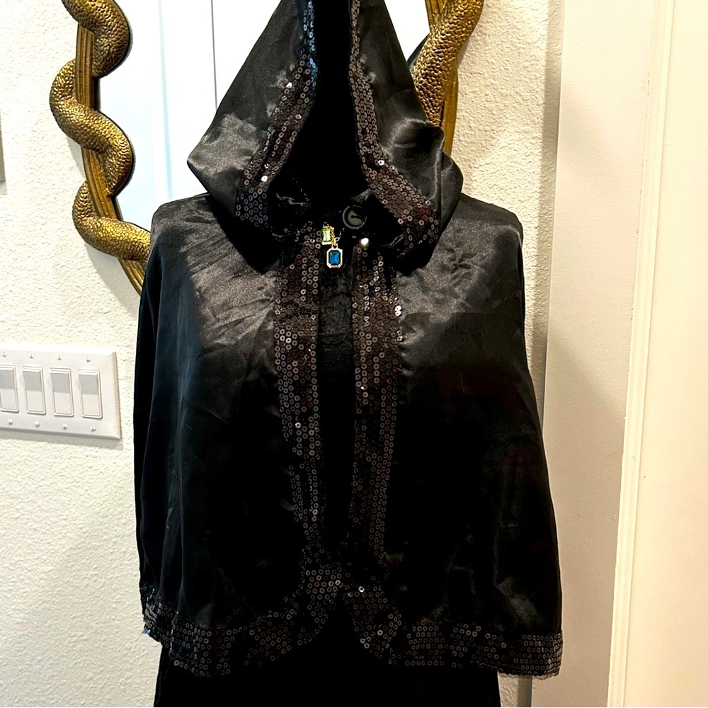 Gothic Black Hooded Coven Cape w/ Embellished Trim